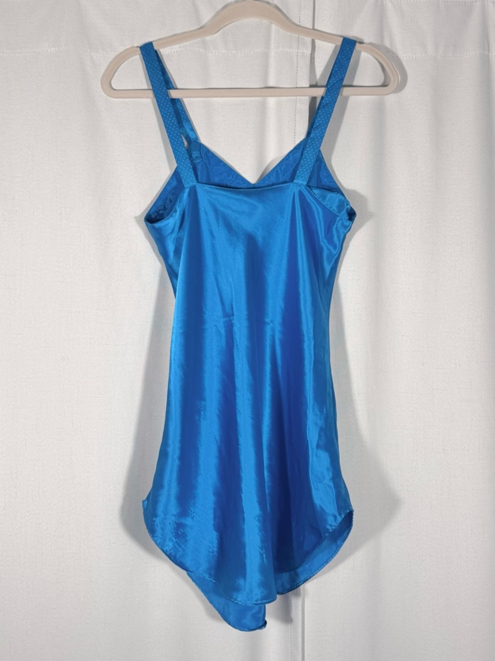 Vintage Blue Satin Slip Dress w/ Polka Dot Straps - Picture 2 of 7